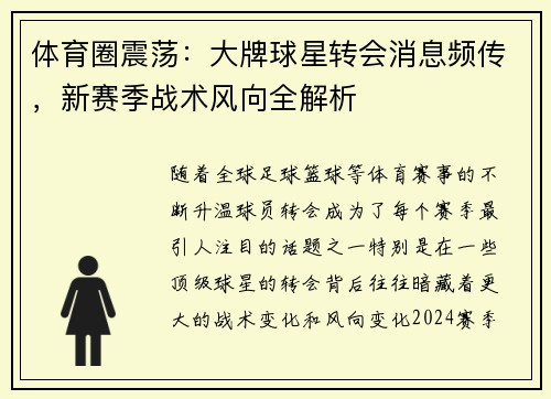 体育圈震荡：大牌球星转会消息频传，新赛季战术风向全解析