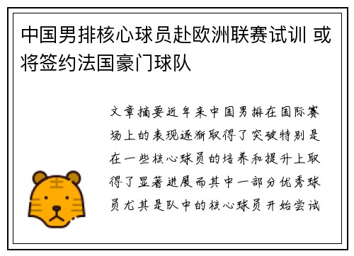 中国男排核心球员赴欧洲联赛试训 或将签约法国豪门球队