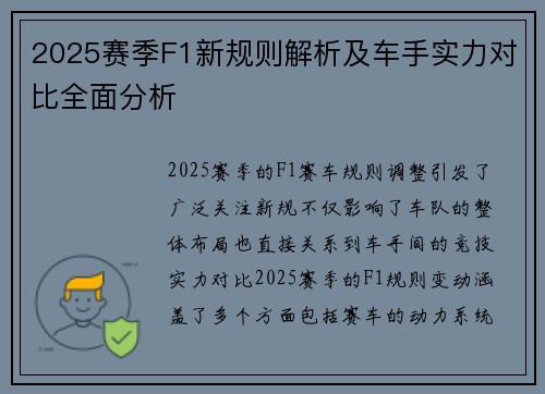 2025赛季F1新规则解析及车手实力对比全面分析