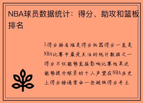 NBA球员数据统计：得分、助攻和篮板排名