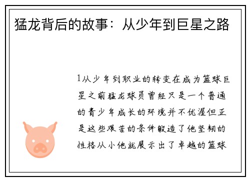 猛龙背后的故事：从少年到巨星之路