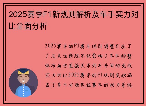 2025赛季F1新规则解析及车手实力对比全面分析